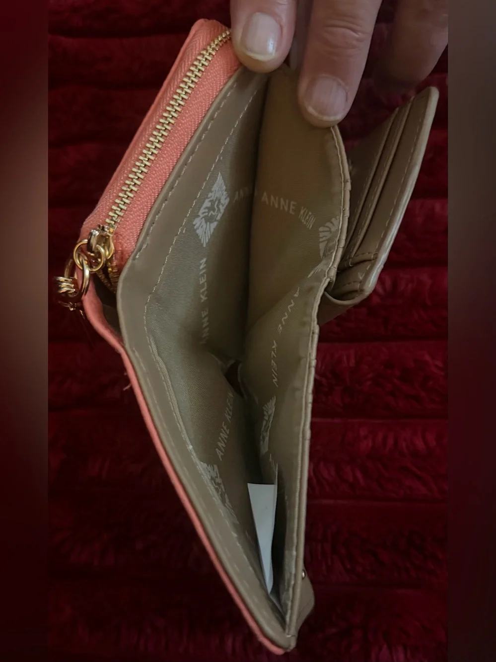 Anne Klein Peach Pebbled Leather Zip Wallet with Gold Logo